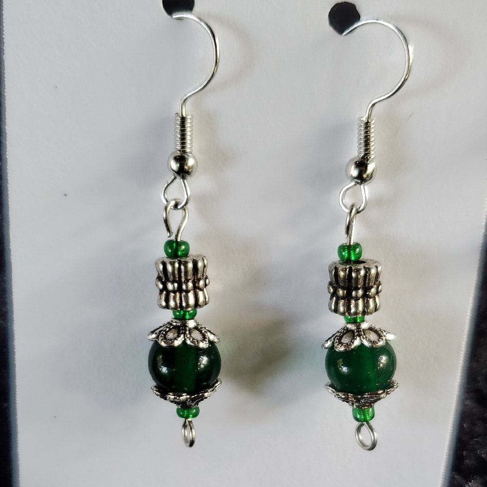 Elegant Green and Silver Beaded Earrings